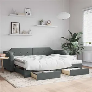 vidaXL Lit de jour avec gigogne et tiroirs gris foncé 100x200 cm tissu pas cher