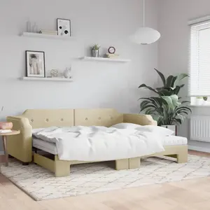 vidaXL Lit de jour avec gigogne et matelas crème 100x200 cm tissu pas cher