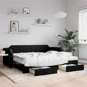 vidaXL Lit de jour avec gigogne et tiroirs noir 100x200 cm tissu pas cher