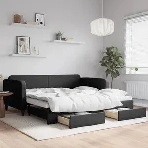 vidaXL Lit de jour avec gigogne et tiroirs sans matelas noir 100x200cm pas cher