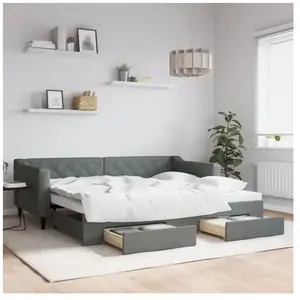 vidaXL Lit de jour avec gigogne et tiroirs gris foncé 90x200 cm tissu pas cher