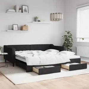 vidaXL Lit de jour avec gigogne et tiroirs sans matelas noir 100x200cm pas cher