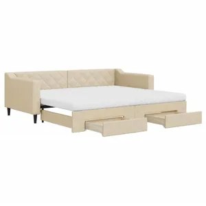 vidaXL Lit de jour avec gigogne et tiroirs crème 90x200 cm tissu pas cher
