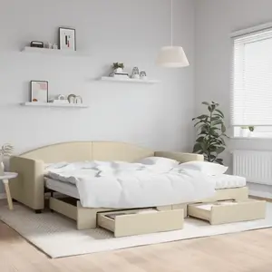 vidaXL Lit de jour avec gigogne et tiroirs crème 100x200 cm tissu pas cher