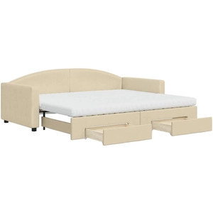 vidaXL Lit de jour avec gigogne et tiroirs crème 90x200 cm tissu pas cher