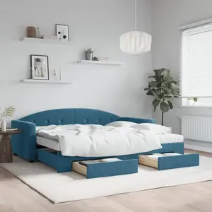 vidaXL Lit de jour avec gigogne et tiroirs bleu 90x200 cm velours