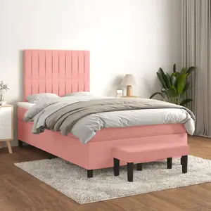 vidaXL Sommier à lattes de lit avec matelas Rose 120x200 cm Velours pas cher