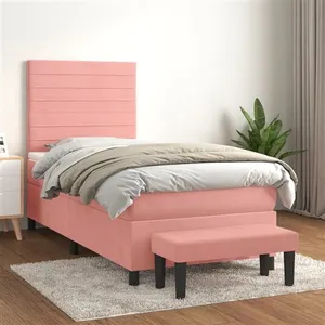 vidaXL Sommier à lattes de lit avec matelas Rose 100x200 cm Velours pas cher