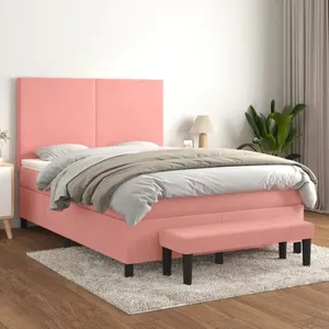 vidaXL Sommier à lattes de lit avec matelas Rose 140x190 cm Velours pas cher