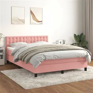 vidaXL Sommier à lattes de lit avec matelas Rose 140x190 cm Velours pas cher
