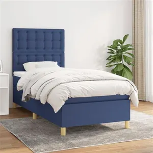 vidaXL Sommier à lattes de lit avec matelas Bleu 90x200 cm Tissu pas cher