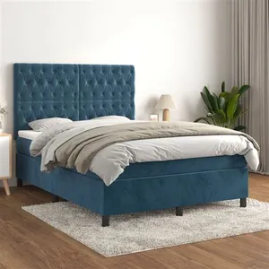 vidaXL Sommier à lattes de lit et matelas Bleu foncé 140x190cm Velours pas cher