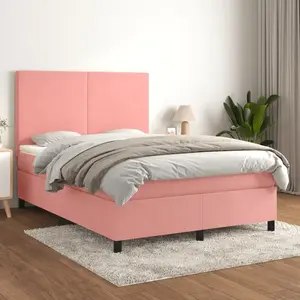 vidaXL Sommier à lattes de lit avec matelas Rose 140x200 cm Velours pas cher