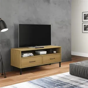 vidaXL Meuble TV avec pieds en métal Marron Bois de pin massif OSLO pas cher