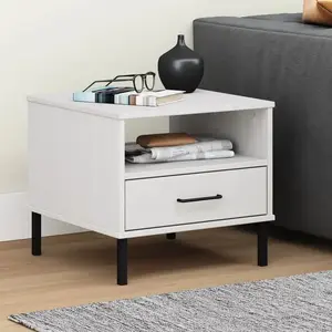 Comparateur de prix : vidaXL Table de chevet avec pieds en métal Blanc Bois pin massif OSLO