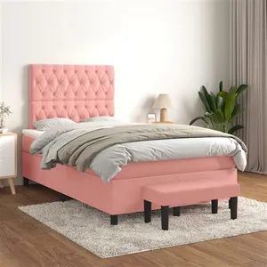 vidaXL Sommier à lattes de lit avec matelas Rose 120x200 cm Velours pas cher
