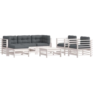 vidaXL Salon de jardin 7 pcs avec coussins blanc bois massif pas cher