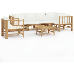 vidaXL Salon de jardin 7 pcs avec coussins blanc crème bambou pas cher