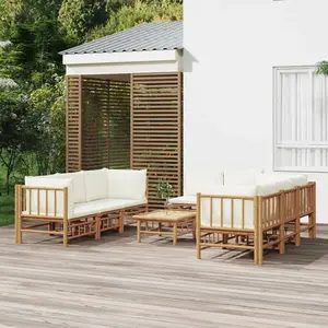 vidaXL Salon de jardin 9 pcs avec coussins blanc crème bambou pas cher
