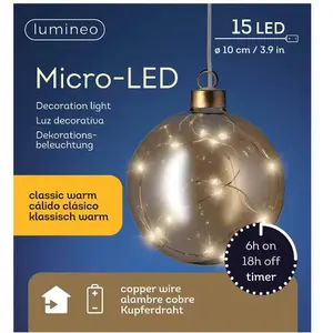 Lumineo Kerstbal met 15 LED lampjes - 10cm - Amber glasVendu pargalaxus