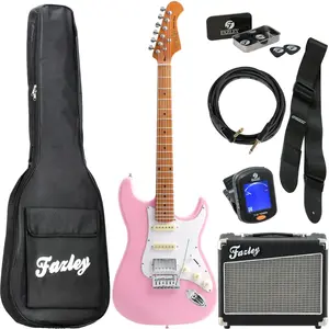 Comparateur de prix : Fazley Sunset Series Dawn HSS Shell Pink elektrische gitaar starterset