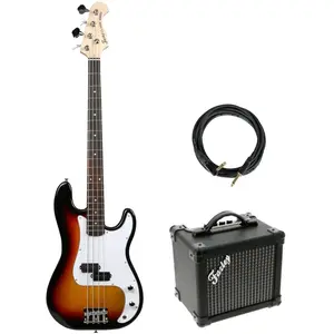 Comparateur de prix : Fazley FPB118 Sunburst elektrische basgitaar + versterker + kabel