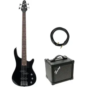 Comparateur de prix : Fazley FMB118 Black elektrische basgitaar + versterker + kabel