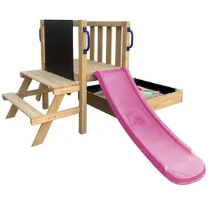 AXI Leah Mini Speeltoren met Zandbak en Picknicktafel Paarse Glijbaan Met Krijtbord FSC hout Klein speeltoestel voor de tuin / buiten pas cher