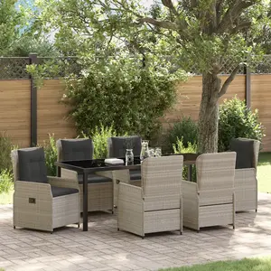 vidaXL Vidaxl Ensemble De Salle À Manger De Jardin 7 Pièces En Gris Clair Poly Rotin, Table De Jardin Vidaxl Noire 200x80x73 Cm En Verre Trempé pas cher