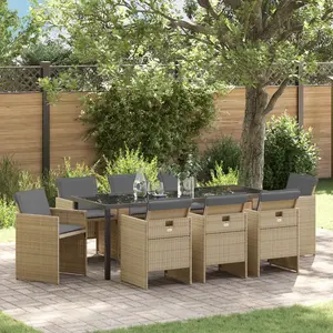 vidaXL Vidaxl Ensemble De Repas De Jardin 9 Pièces Avec Coussins Beige Rattan Poly, Vidaxl Table De Jardin Noire 200x80x73 Cm Verre Trempé pas cher
