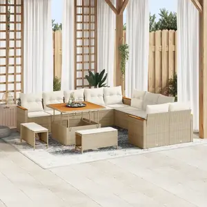 VIDAXL Ensemble de Canapé de Jardin 13 Pièces avec Coussins Beige Poly Rattan Acacia, Ensemble de Salle à Manger de Jardin 3 Pièces avec Coussins Beige Poly Rattan Acacia pas cher