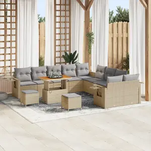 VIDAXL Ensemble de canapé de jardin 13 pièces avec coussins beige en rotin poly acacia, Ensemble de salle à manger de jardin 3 pièces avec coussins beige en rotin poly acacia pas cher
