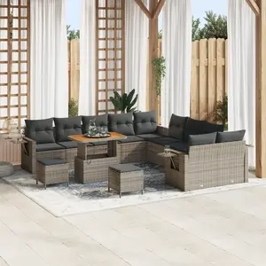 VIDAXL Canapé De Jardin 13 Pièces Avec Coussins Gris Poly Rotin Acacia, Salle À Manger De Jardin 3 Pièces Avec Coussins Gris Poly Rotin Acacia pas cher