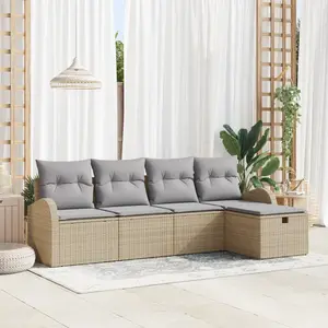VIDAXL Ensemble De Sofa De Jardin 5 Pièces Avec Coussins Beige Poly Rattan, Sofa De Jardin 2 Places Avec Rangement Et Coussins Beige Poly Rattan pas cher