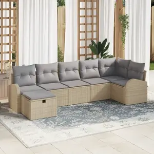VIDAXL Ensemble de canapé de jardin 7 pièces avec coussins Beige Rattan Poly, Canapé de jardin 2 places avec rangement & coussins Beige Rattan Poly pas cher