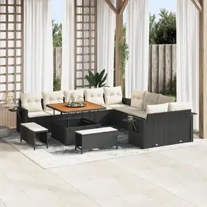 VIDAXL Canapé De Jardin 13 Pièces Avec Coussins Noir Rotin Acacia, Salle À Manger De Jardin 3 Pièces Avec Coussins Noir Rotin Acacia pas cher
