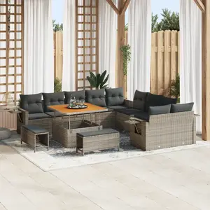 VIDAXL Ensemble de Canapé de Jardin de 13 Pièces avec Coussins en Poly Rotin Gris Acacia, Ensemble de Repas de Jardin de 3 Pièces avec Coussins en Poly Rotin Gris Acacia pas cher