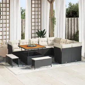 VIDAXL Ensemble De Canapé De Jardin De 12 Pièces Avec Coussins En Rattan Poly Noir Acacia, Ensemble De Salle À Manger De Jardin De 3 Pièces Avec Coussins En Rattan Poly Noir Acacia pas cher