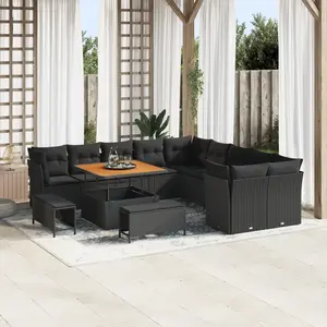 VIDAXL Canapé Jardin 13 Pièces Avec Coussins Noir Rotin Acacia, Salon Jardin 3 Pièces Avec Coussins Noir Rotin Acacia pas cher