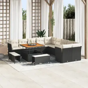 VIDAXL Ensemble De Canapés De Jardin 13 Pièces Avec Coussins Noir Rattan Poly Acacia, Ensemble De Salle À Manger De Jardin 3 Pièces Avec Coussins Noir Rattan Poly Acacia pas cher