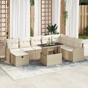 VIDAXL Ensemble de Canapés de Jardin de 9 Pièces avec Coussins Beige en Rattan Poly, Canapé de Jardin 2 Places avec Rangement & Coussins Beige en Rattan Poly pas cher