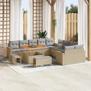 vidaXL Ensemble de canapé de jardin vidaXL 13 pièces avec coussins Beige Poly Rattan Acacia, Ensemble de salle à manger de jardin vidaXL 3 pièces avec coussins Beige Poly Rattan Acacia pas cher
