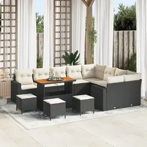 VIDAXL Ensemble Canapé de Jardin 13 pièces avec Coussins Noir Rattan PE Acacia, Ensemble de Salle à Manger de Jardin 4 pièces avec Coussins Noir Rattan PE Acacia pas cher