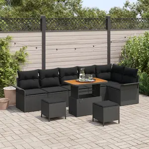 vidaXL Ensemble de 9 Pièces de Sofas de Jardin avec Coussins Noir en Rattan Poly Acacia pas cher