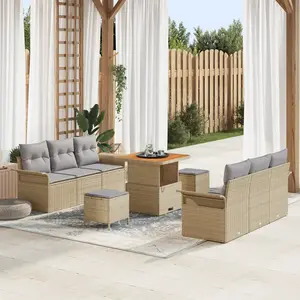 VIDAXL Ensemble De Canapé De Jardin 9 Pièces Avec Coussins Beige Poly Rotin Acacia, Canapé De Jardin 2 Places Avec Coussins Beige Poly Rotin, Ensemble De Salle À Manger De Jardin 3 Pièces Avec Coussins Beige Poly Rotin Acacia pas cher