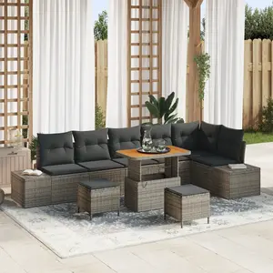 VIDAXL Ensemble De Canapé De Jardin 9 Pièces Avec Coussins Gris Poly Rotin Acacia, Canapé De Jardin 2 Places Avec Coussins Gris Poly Rotin, Ensemble De Salle À Manger De Jardin 3 Pièces Avec Coussins Gris Poly Rotin Acacia pas cher