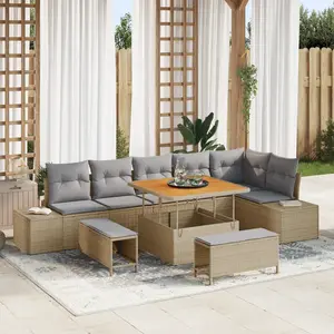 VIDAXL Ensemble de Canapés de Jardin de Neuf Pièces avec Coussins Beige en Rattan Poly Acacia, Canapé de Jardin de 2 Places avec Coussins Beige en Rattan Poly, Ensemble de Salle à Manger de Jardin de 3 Pièces avec Coussins Beige en Rattan Poly Acacia pas cher