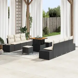 VIDAXL Ensemble De Canapé De Jardin 10 Pièces Avec Coussins En Poly Rotin Noir Acacia, Canapé De Jardin 2 Places Avec Coussins En Poly Rotin Noir, Ensemble De Salle À Manger De Jardin 3 Pièces Avec Coussins En Poly Rotin Noir Acacia pas cher