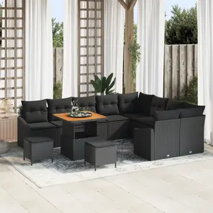 VIDAXL Ensemble De Canapés De Jardin 12 Pièces Avec Coussins Noir Poly Rattan Acacia, Ensemble De Salle À Manger De Jardin 3 Pièces Avec Coussins Noir Poly Rattan Acacia, Canapé De Jardin Pour 2 Personnes Avec Coussins Noir Poly Rattan pas cher