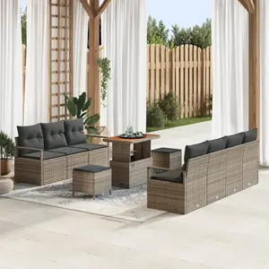VIDAXL Ensemble de Canapé de Jardin de 10 Pièces avec Coussins Gris Rattan Poly Acacia, Canapé de Jardin 2 Places avec Coussins Gris Rattan Poly, Ensemble de Salle à Manger de Jardin de 3 Pièces avec Coussins Gris Rattan Poly Acacia pas cher